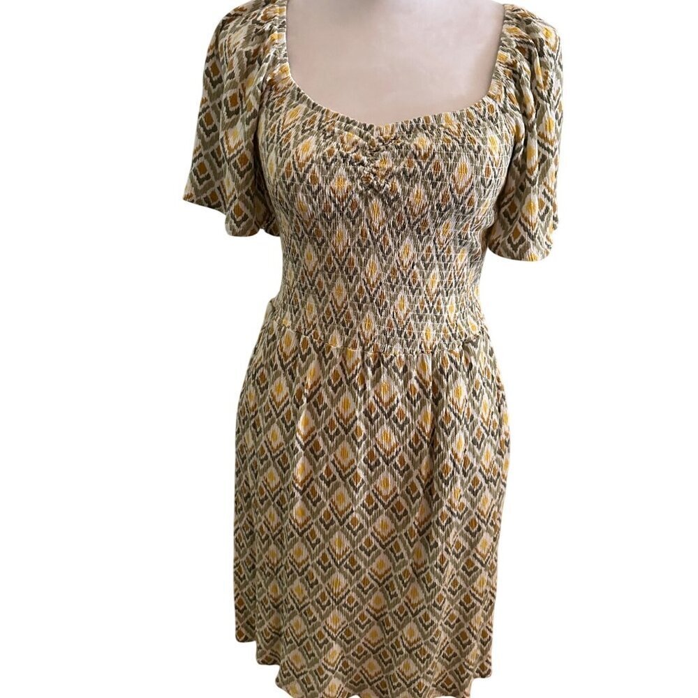Market & Spruce Green and Yellow Smocked Geometric Dress Size S